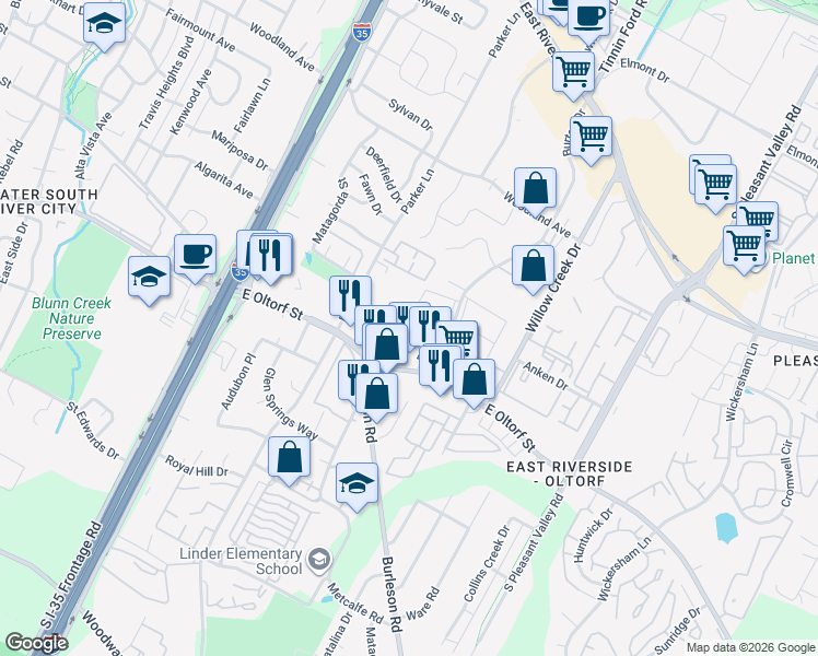 map of restaurants, bars, coffee shops, grocery stores, and more near 2124 Burton Drive in Austin