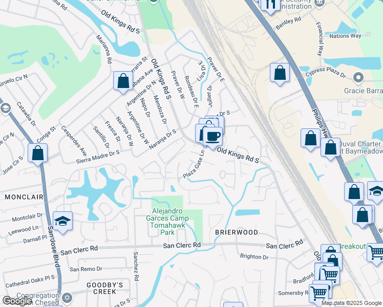 map of restaurants, bars, coffee shops, grocery stores, and more near 8138 Sutton Place North in Jacksonville