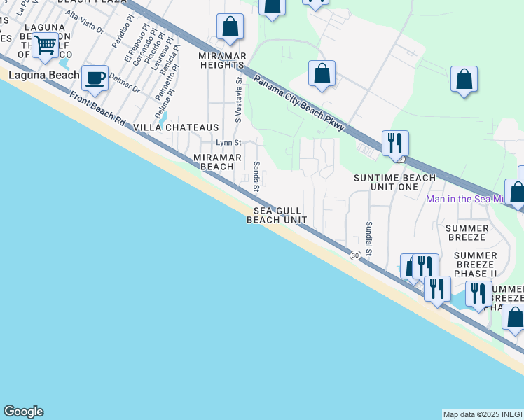 map of restaurants, bars, coffee shops, grocery stores, and more near 17729 Front Beach Road in Panama City Beach