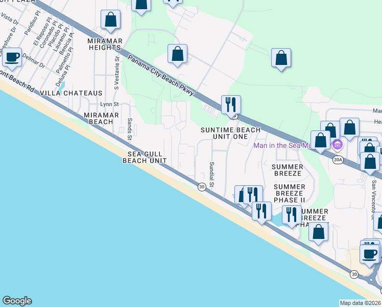 map of restaurants, bars, coffee shops, grocery stores, and more near 17620 Front Beach Road in Panama City Beach