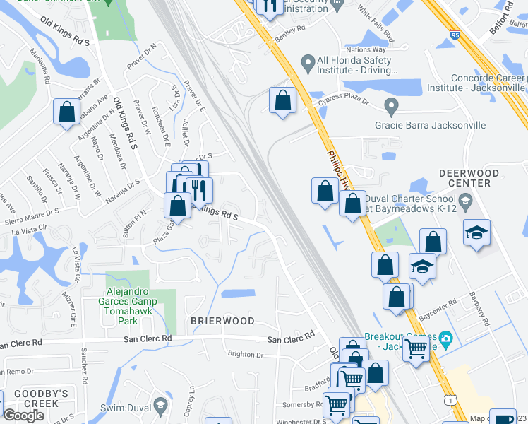 map of restaurants, bars, coffee shops, grocery stores, and more near 8276 San Jose Manor Court in Jacksonville