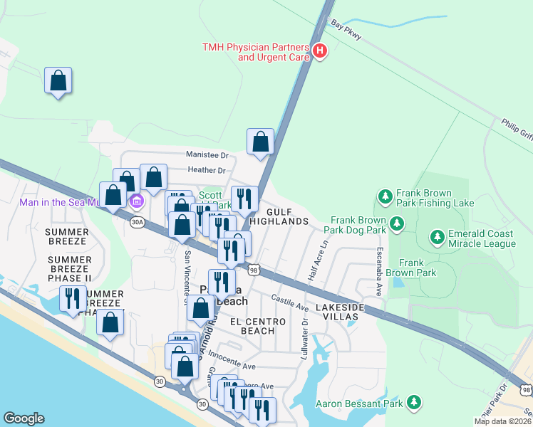 map of restaurants, bars, coffee shops, grocery stores, and more near 127 Henry Avenue in Panama City Beach