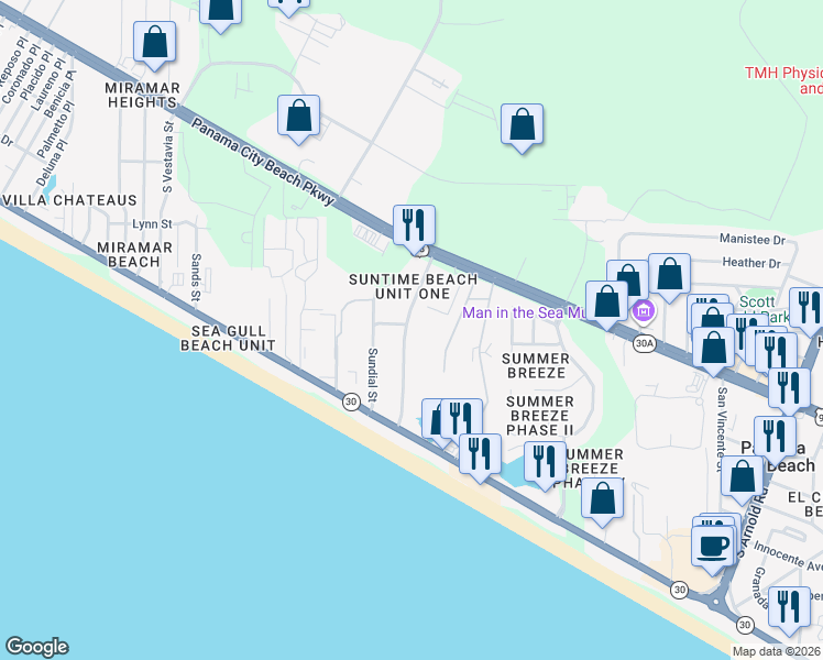 map of restaurants, bars, coffee shops, grocery stores, and more near 201 Cobb Road in Panama City Beach