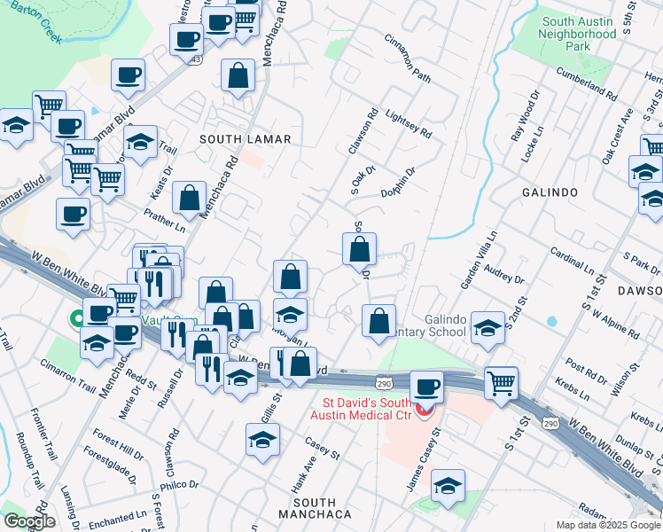 map of restaurants, bars, coffee shops, grocery stores, and more near 1504 Southport Drive in Austin