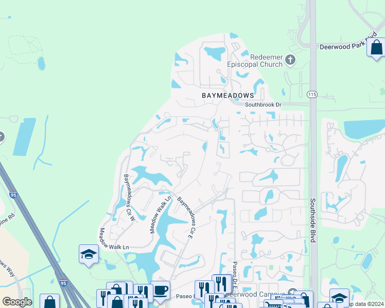 map of restaurants, bars, coffee shops, grocery stores, and more near 7709 Las Palmas Way in Jacksonville