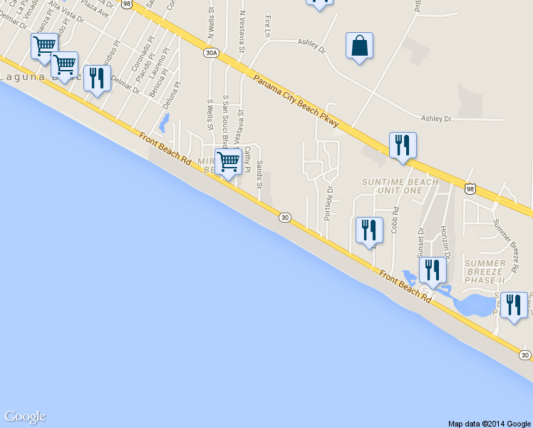 map of restaurants, bars, coffee shops, grocery stores, and more near 17729 Front Beach Road in Panama City Beach