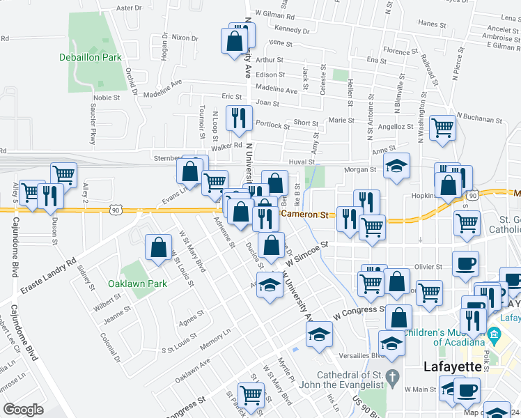 map of restaurants, bars, coffee shops, grocery stores, and more near 900 Evangeline Drive in Lafayette
