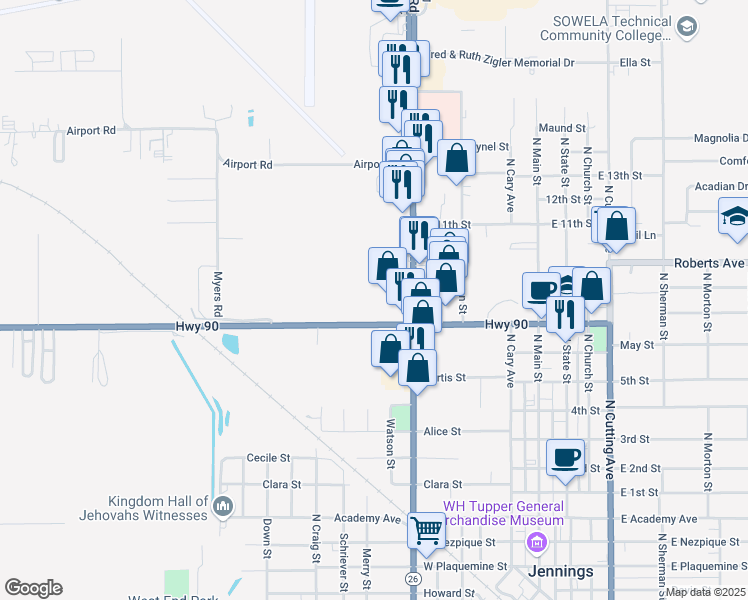 map of restaurants, bars, coffee shops, grocery stores, and more near 1223 Elton Road in Jennings