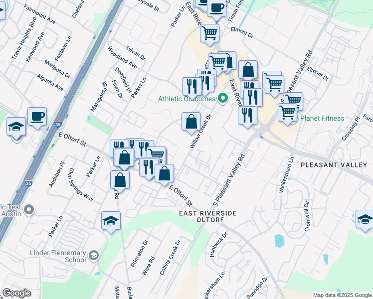 map of restaurants, bars, coffee shops, grocery stores, and more near 1910 Willow Creek Drive in Austin