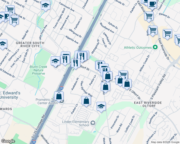 map of restaurants, bars, coffee shops, grocery stores, and more near 2300-2398 Greenfield Parkway in Austin