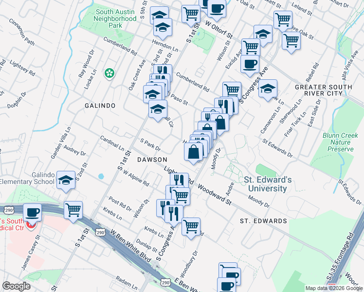 map of restaurants, bars, coffee shops, grocery stores, and more near 3103 Fontana Drive in Austin