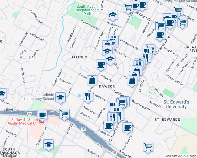 map of restaurants, bars, coffee shops, grocery stores, and more near 520 Lightsey Road in Austin
