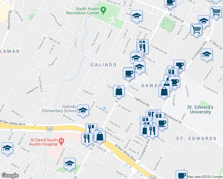 map of restaurants, bars, coffee shops, grocery stores, and more near 601 Cardinal Lane in Austin