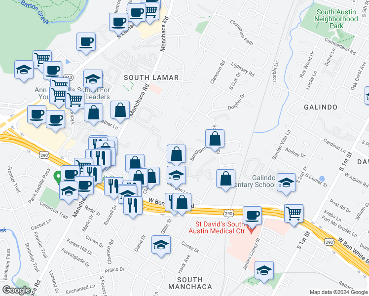 map of restaurants, bars, coffee shops, grocery stores, and more near 1508 Southport Drive in Austin