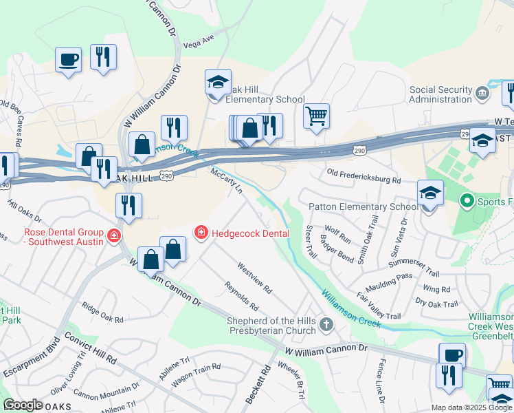 map of restaurants, bars, coffee shops, grocery stores, and more near 6405 Ridge Oak Road in Austin