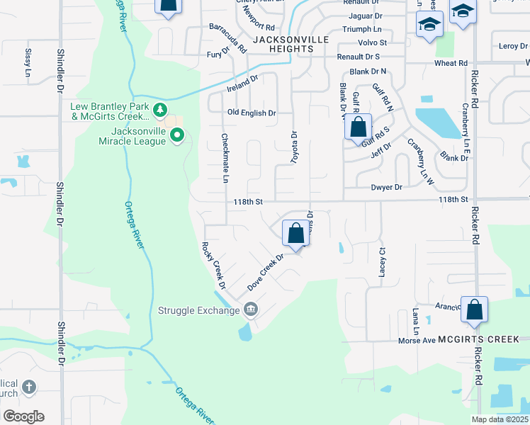 map of restaurants, bars, coffee shops, grocery stores, and more near 6421 Sierra Drive in Jacksonville