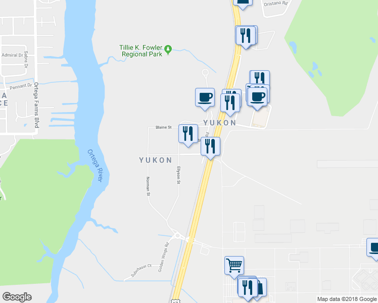 map of restaurants, bars, coffee shops, grocery stores, and more near 4553 120th Street in Jacksonville