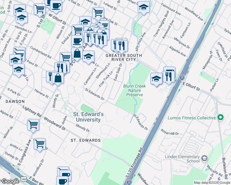 map of restaurants, bars, coffee shops, grocery stores, and more near 2701 East Side Drive in Austin