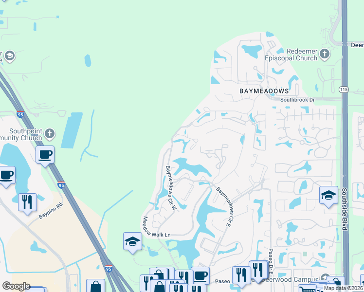 map of restaurants, bars, coffee shops, grocery stores, and more near 7701 Bay Meadows Circle in Jacksonville