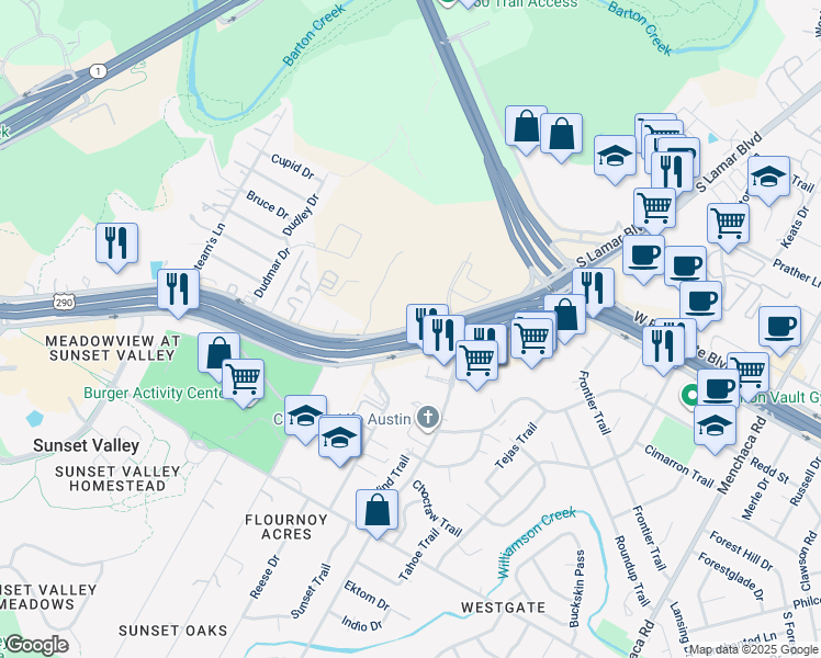 map of restaurants, bars, coffee shops, grocery stores, and more near 700 West US Highway 290 Service Road in Austin