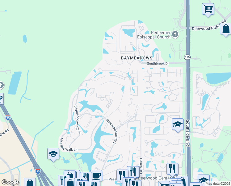 map of restaurants, bars, coffee shops, grocery stores, and more near 7709 Las Palmas Way in Jacksonville