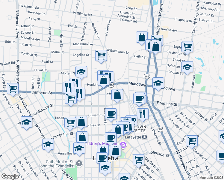 map of restaurants, bars, coffee shops, grocery stores, and more near 219 South Pierce Street in Lafayette