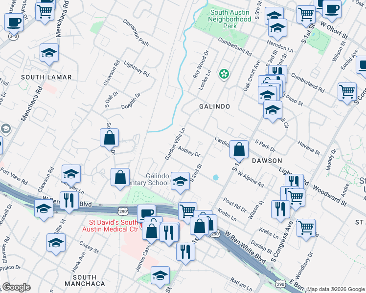 map of restaurants, bars, coffee shops, grocery stores, and more near 3606 Marcae Court in Austin