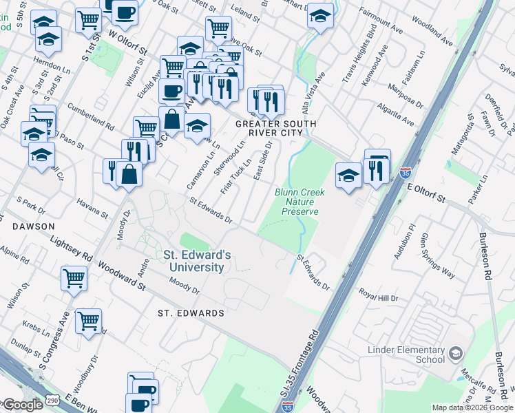 map of restaurants, bars, coffee shops, grocery stores, and more near 2701 East Side Drive in Austin