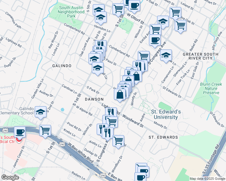 map of restaurants, bars, coffee shops, grocery stores, and more near 3103 Fontana Drive in Austin