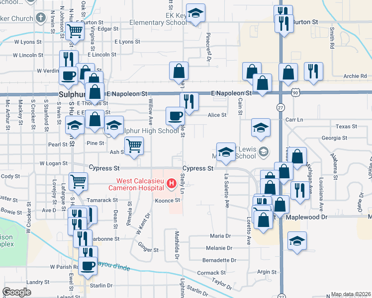 map of restaurants, bars, coffee shops, grocery stores, and more near 642 Maple St in Sulphur