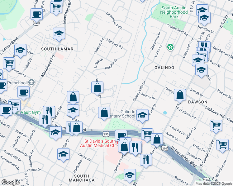 map of restaurants, bars, coffee shops, grocery stores, and more near 1201 Southport Drive in Austin