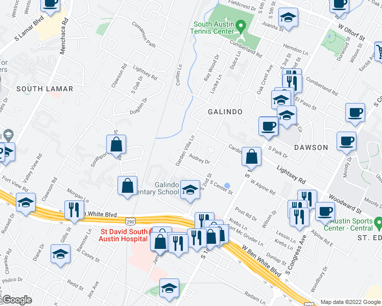 map of restaurants, bars, coffee shops, grocery stores, and more near 3606 Audrey Drive in Austin