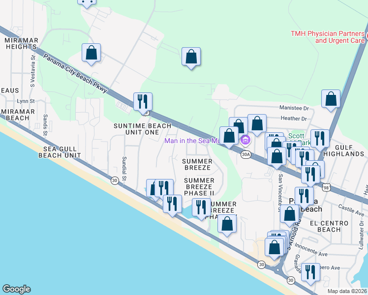 map of restaurants, bars, coffee shops, grocery stores, and more near 126 Bonaire Drive in Panama City Beach