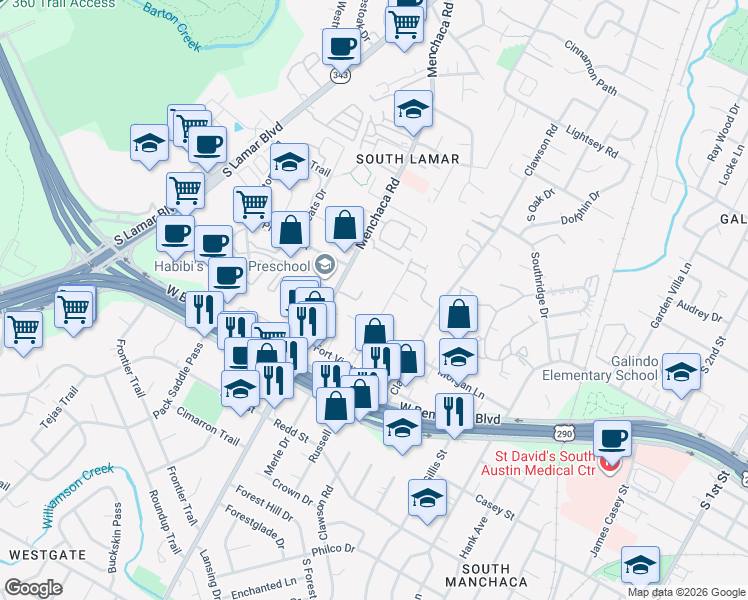 map of restaurants, bars, coffee shops, grocery stores, and more near 4006 Valley View Road in Austin