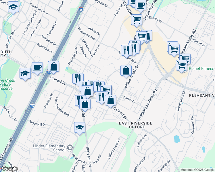 map of restaurants, bars, coffee shops, grocery stores, and more near 2102 Burton Drive in Austin
