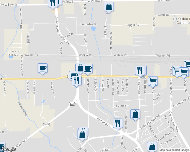 map of restaurants, bars, coffee shops, grocery stores, and more near 3700 Cameron Street in Lafayette