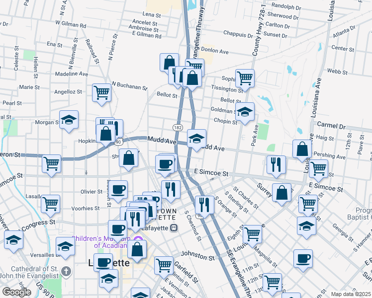 map of restaurants, bars, coffee shops, grocery stores, and more near 513 Northeast Evangeline Thruway in Lafayette