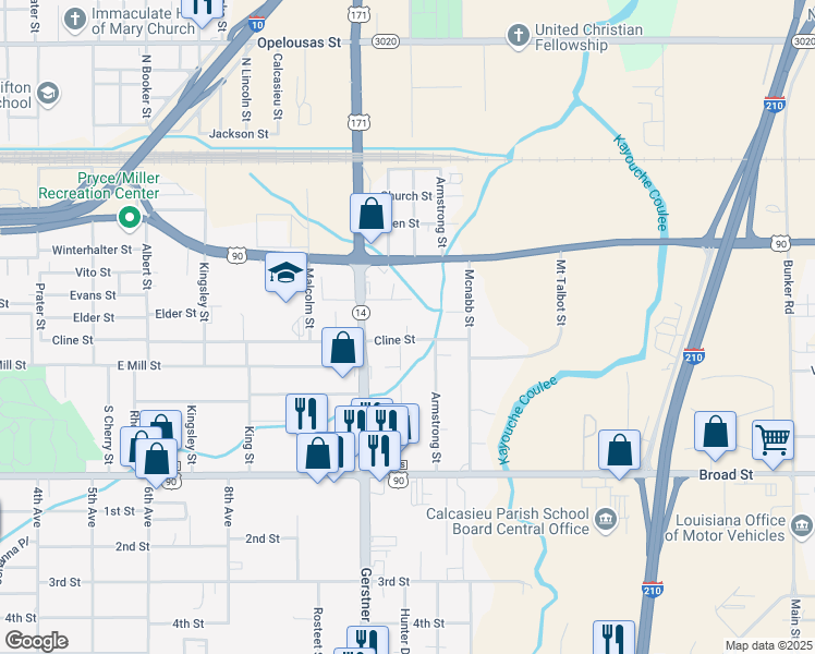 map of restaurants, bars, coffee shops, grocery stores, and more near 2701 Cline St in Lake Charles