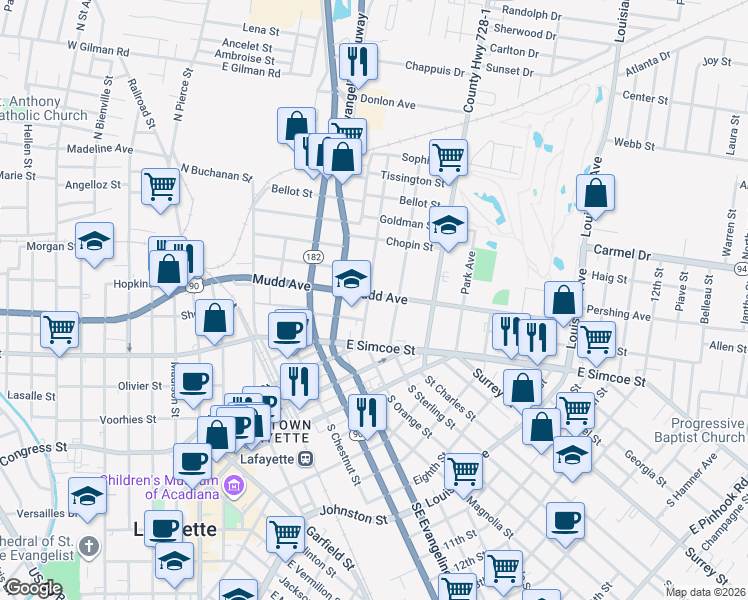 map of restaurants, bars, coffee shops, grocery stores, and more near 214 Elizabeth Avenue in Lafayette