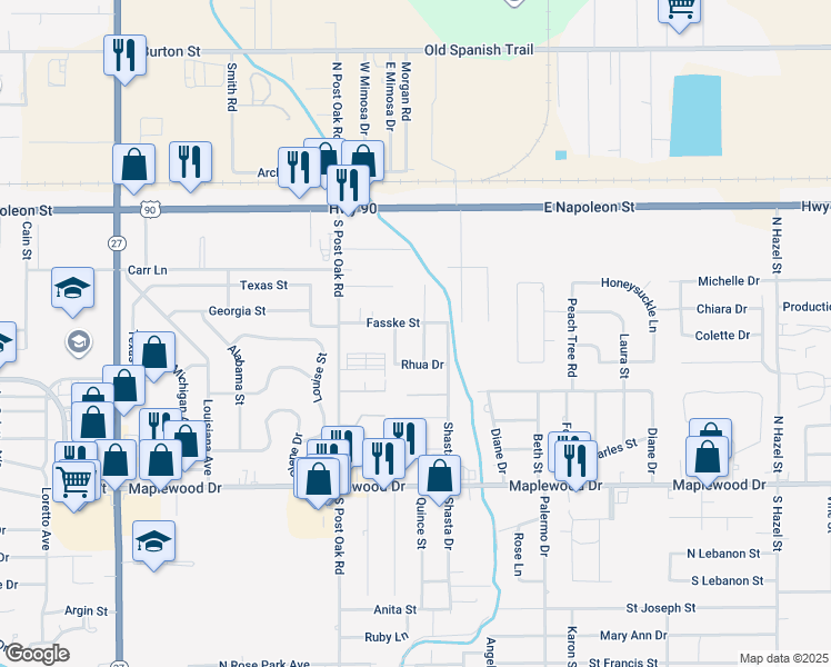 map of restaurants, bars, coffee shops, grocery stores, and more near 2513 Fasske St in Sulphur