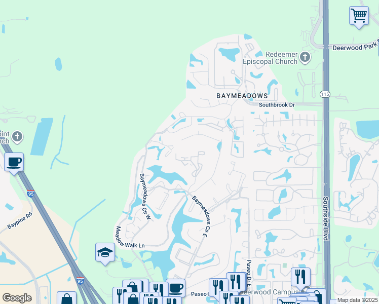 map of restaurants, bars, coffee shops, grocery stores, and more near 7750 Las Palmas Way in Jacksonville