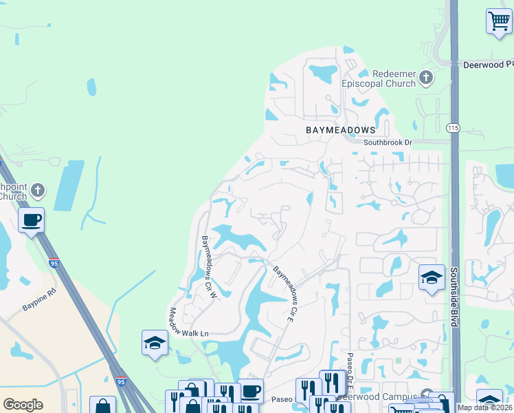map of restaurants, bars, coffee shops, grocery stores, and more near 7750 Las Palmas Way in Jacksonville