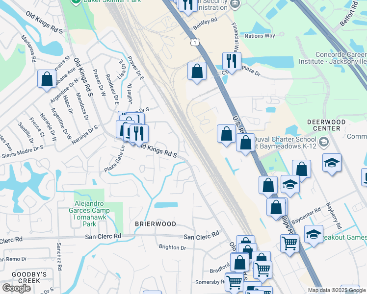 map of restaurants, bars, coffee shops, grocery stores, and more near 8205 San Jose Manor Court in Jacksonville