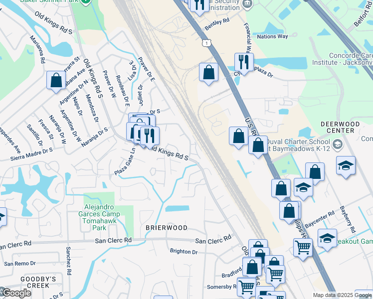 map of restaurants, bars, coffee shops, grocery stores, and more near 8205 San Jose Manor Court in Jacksonville
