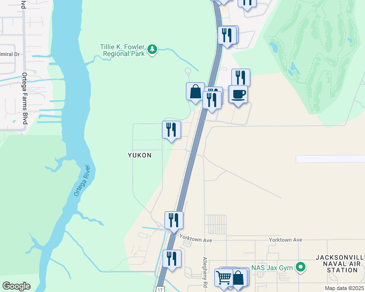 map of restaurants, bars, coffee shops, grocery stores, and more near 6480 Yukon Road in Jacksonville