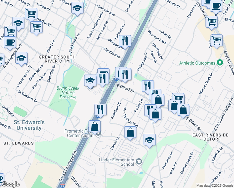 map of restaurants, bars, coffee shops, grocery stores, and more near 2400 Audubon Place in Austin