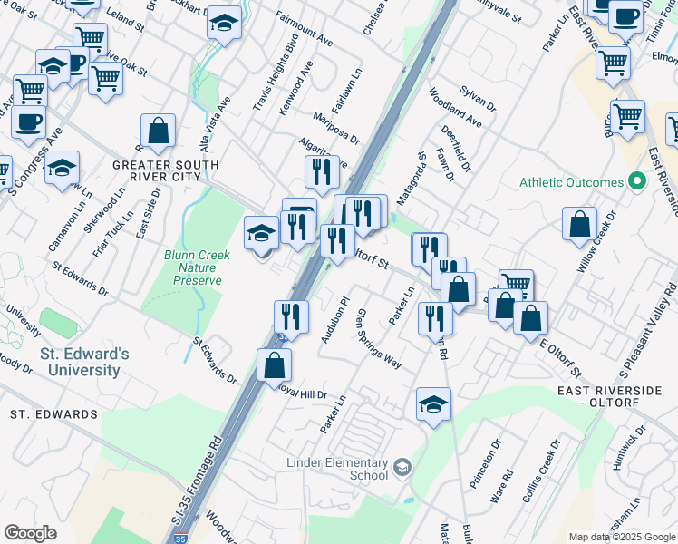 map of restaurants, bars, coffee shops, grocery stores, and more near 2400 Audubon Place in Austin