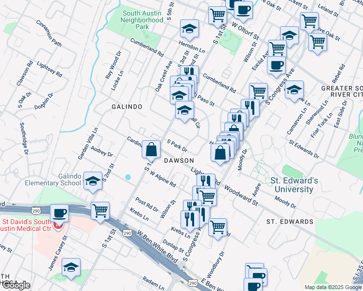 map of restaurants, bars, coffee shops, grocery stores, and more near 505 South Park Drive in Austin