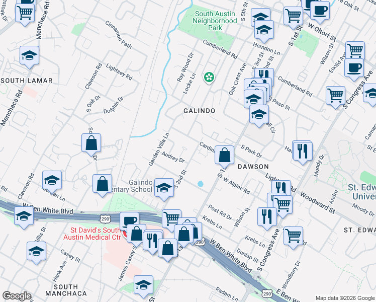 map of restaurants, bars, coffee shops, grocery stores, and more near 3601 Villa Court in Austin