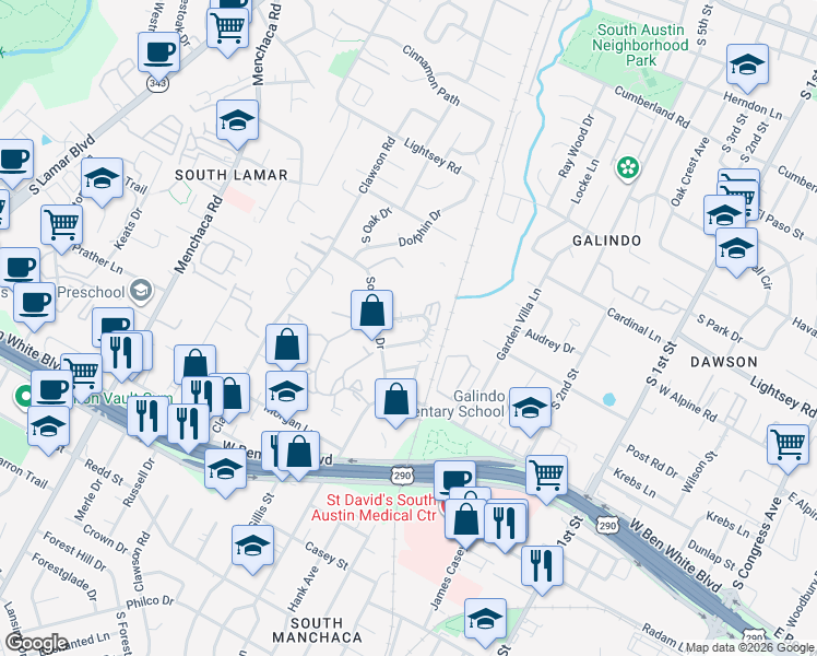 map of restaurants, bars, coffee shops, grocery stores, and more near 1202 Southport Drive in Austin